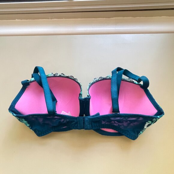 Victoria's Secret Pink Bra 34DD Date Push Up Blue Green Palm Leaf Fern Floral - Picture 4 of 7